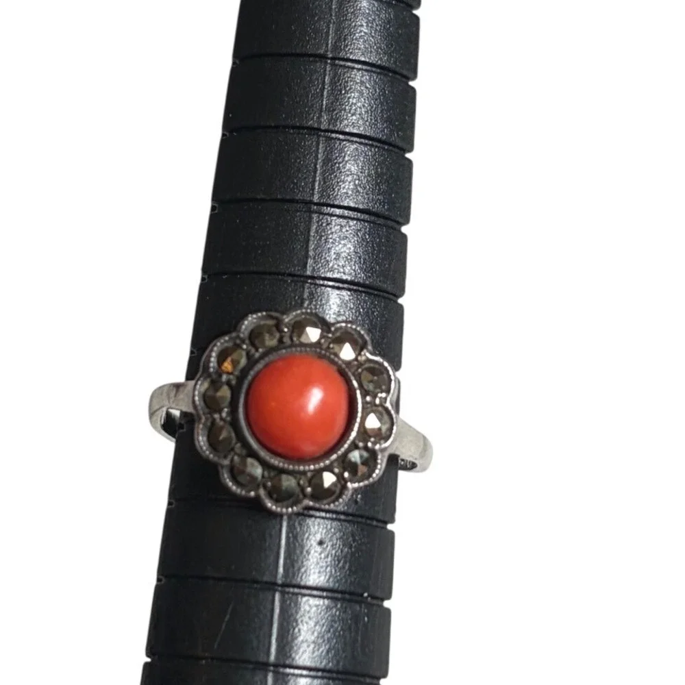 Vintage 835 Silver Red Coral Marcasite Scalloped‎ Halo DO NOT BUY